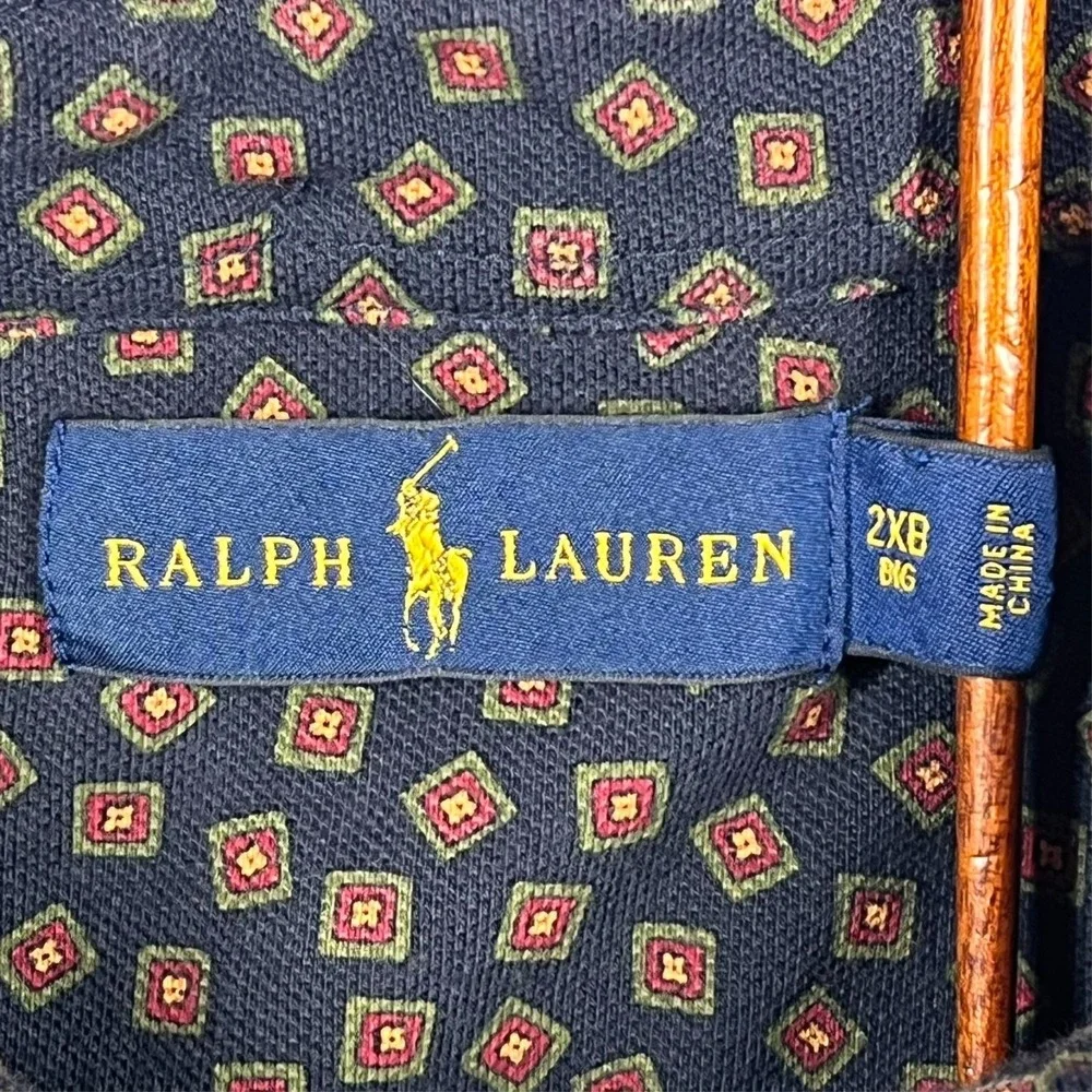 Ralph Lauren Polo Shirt Men's 2XB Navy Blue Geometric‎ Diamond Long Sleeve